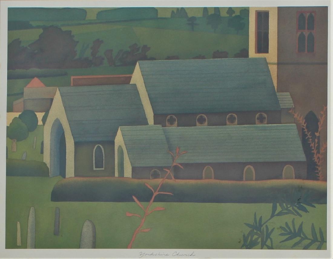 Lori Slater (20th century): Watercolor of Yorkshire Church. Title: "Yorkshire Church". Medium: Watercolor. Size: 11.5 X 16.25. Signature: SLR. Artist: Lori Later. Framed.