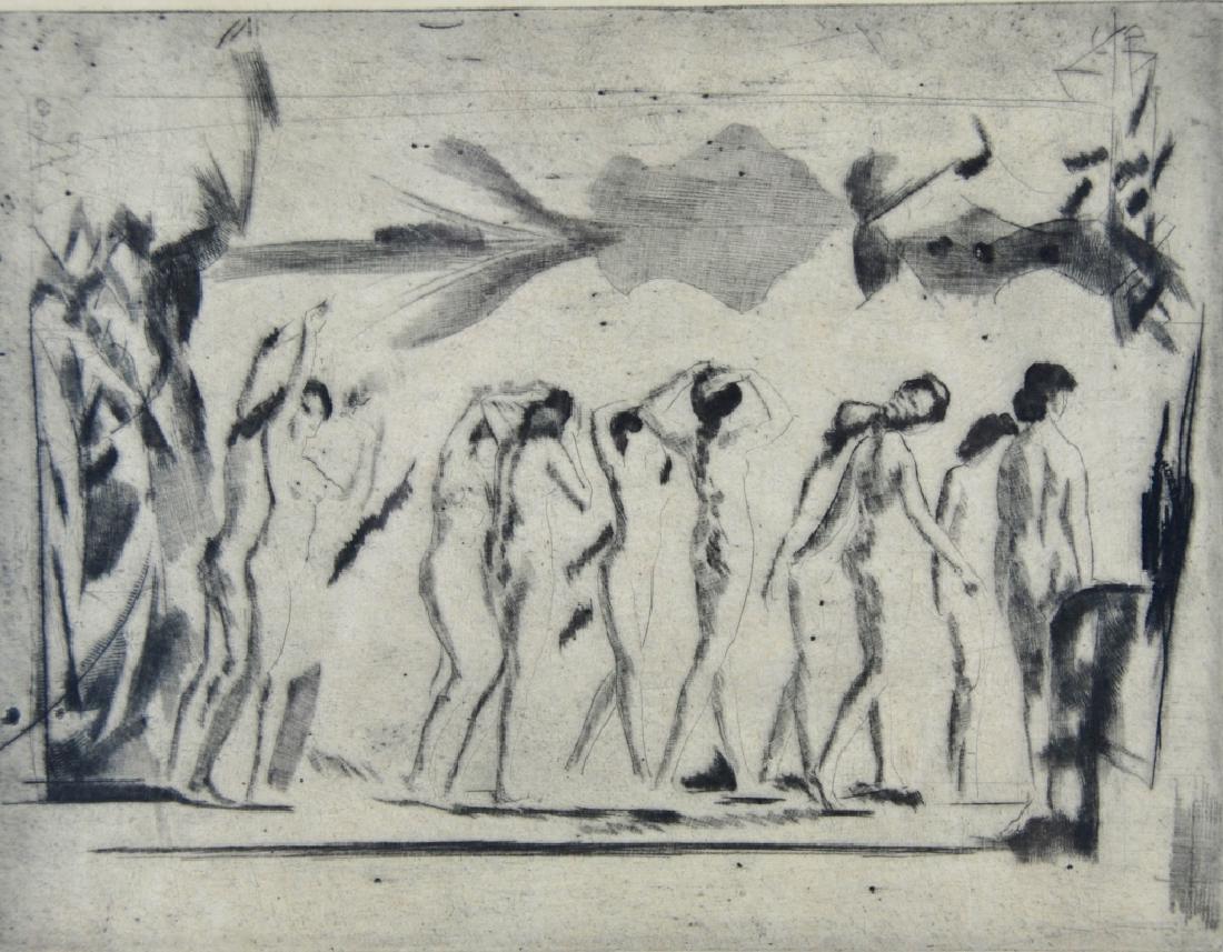 Arthur Bowen Davies (1862 - 1928): Etching by Arthur Bowen Davies of nude women. Title: Mirror Illusions (1916) . Medium: Etching. Size: 6.5 X 8.25. Signature: SLR. Artist: Arthur Bowen Davies. ( per VMD) Framed.