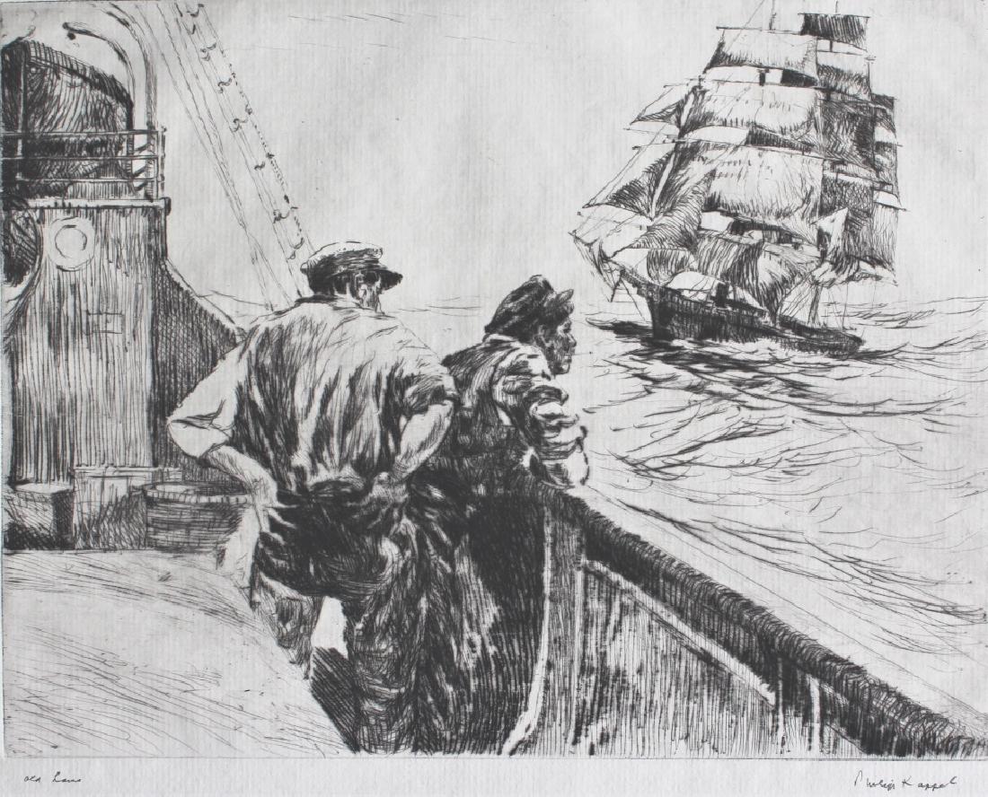 Philip Kappel: Two men at sea looking out at another sailing vessel. Title: Lookout. Medium: Etching. Size: 6.75" x 9". Signature: Inscribed. Unframed.