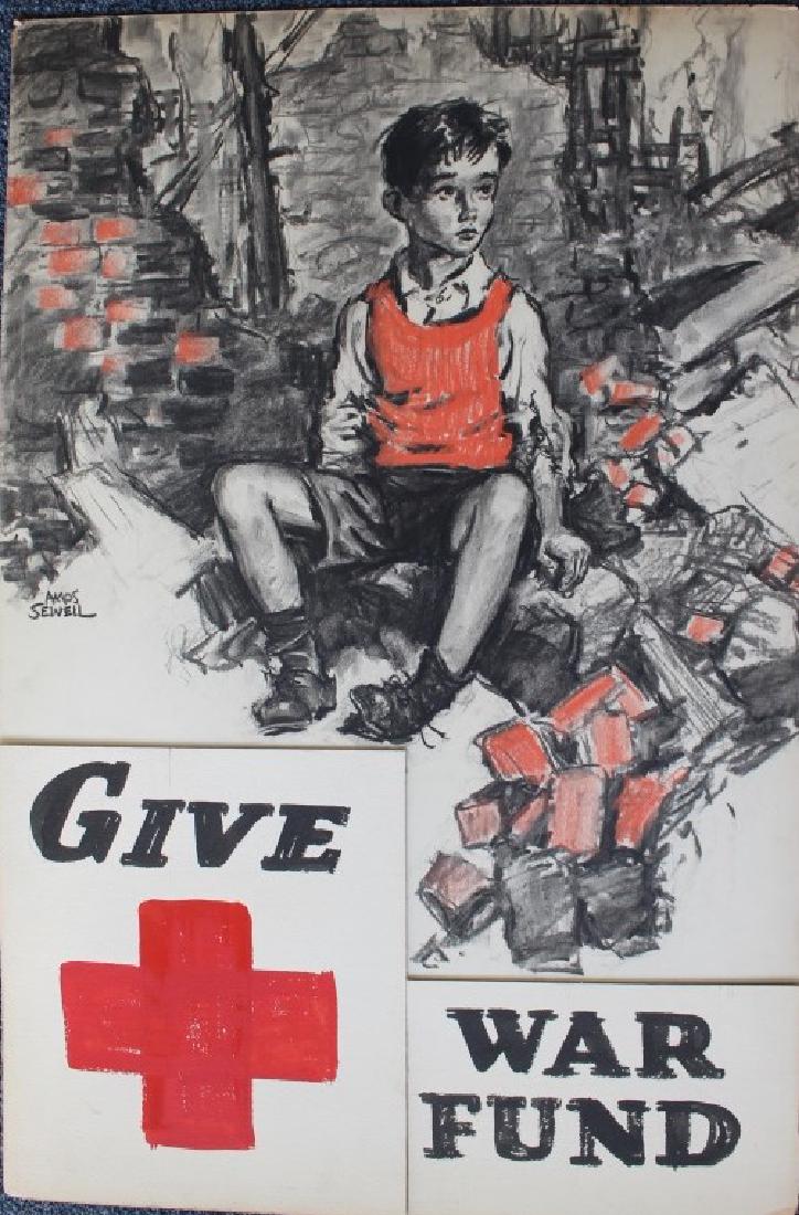Amos Sewell ( American 1901-1983): A charcoal poster with a young boy sitting on a pile of bricks from a collapsed building. Board has two other boards attached for Give to the Red Cross War Fund. Title: Give ( Red CrossLogo) War Fund.