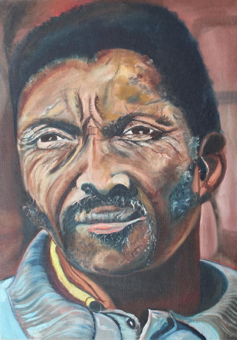 African American Folk Art: African American man. Title: African American Folk Art. Medium: Oil on Canvas. Size: 25.75" x 17.75". Signature: Illegible. Artist: Jane. Unframed.