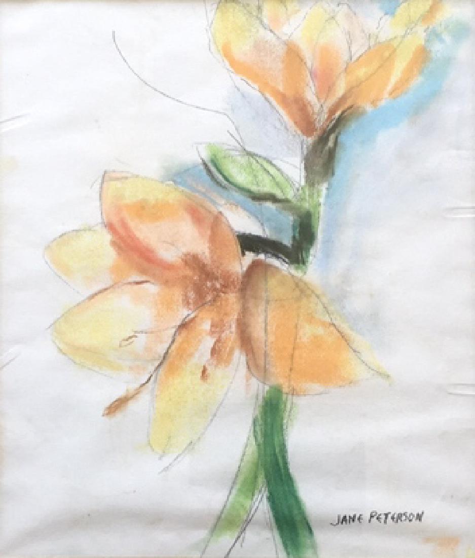 Jane Peterson (1896-1965): Single stem yellow flower. Title: The Flower. Medium: Mixed Media. Size: 25" x 21.5". Signature: SLR. Artist: Jane Peterson. Framed.