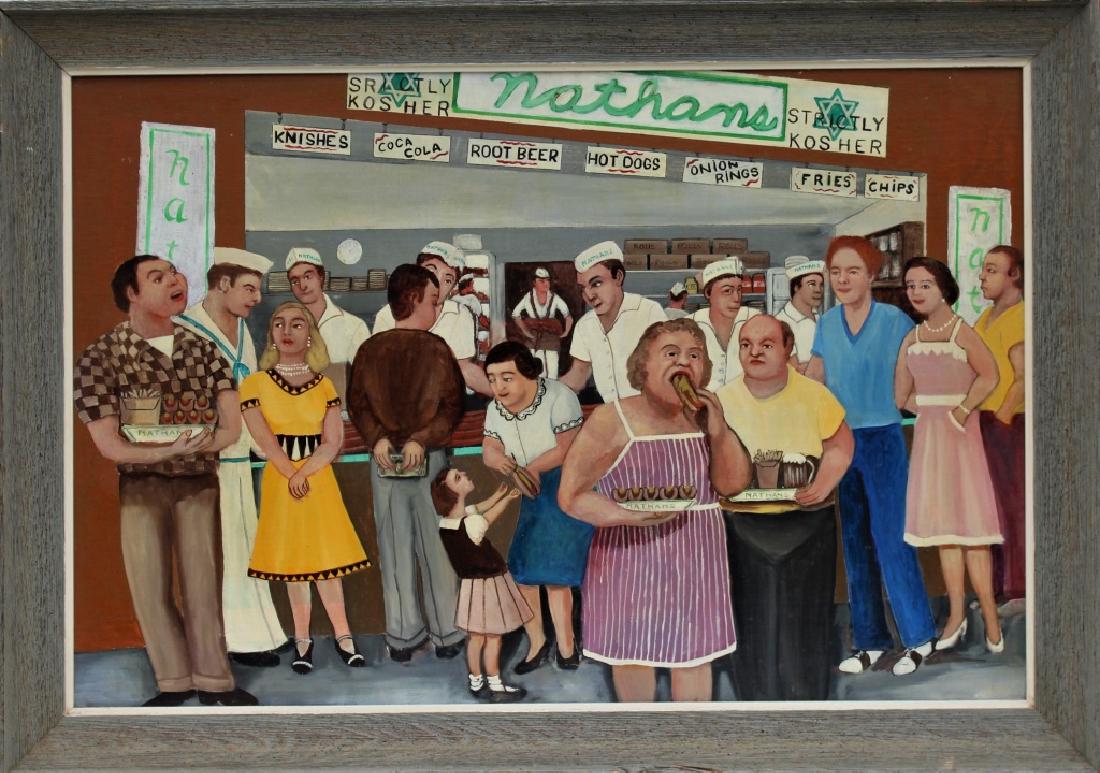 Gloria Laposka (1922-2015): Nathan's Hot Dog Stand. Title: Nathans. Medium: Oil on Canvasboard. Size: 24" x 36". Artist: Gloria Laposka (1922-2015). Framed.