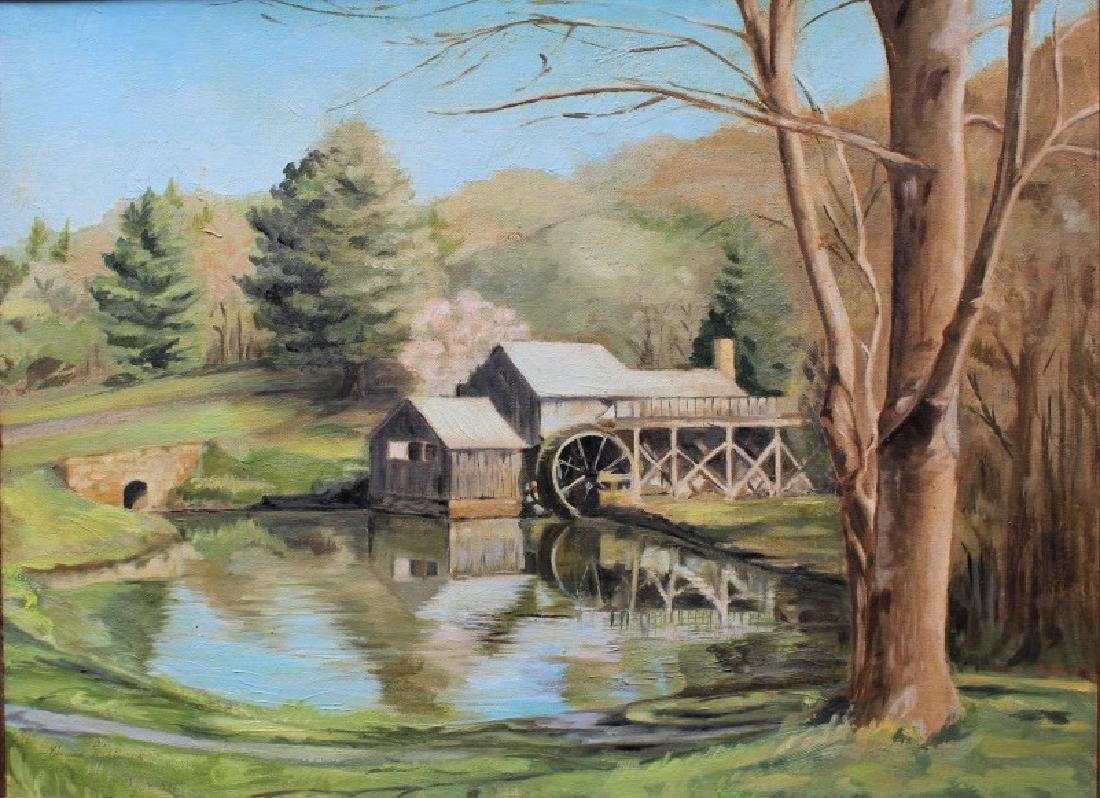 Yvonne Robinson: House with waterwheel. Title: Blue Ridge Parkway. Medium: Oil on Board. Size: 18" x 24". Signature: SLR. Artist: Yvonne Robinson. Framed.