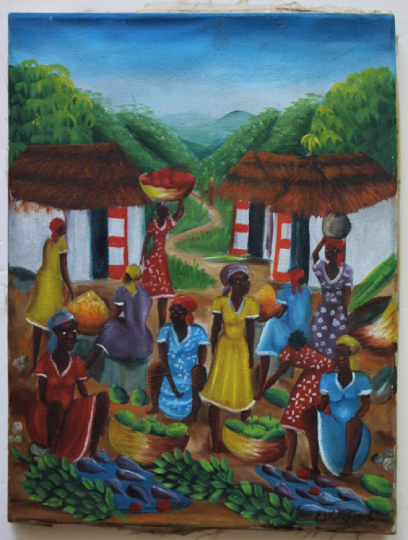 Village Scene: Ladies in a village in the Caribbean. Title: Folk Art. Medium: Oil on Board. Size: 16" x 12". Signature: Illegible. Unframed.
