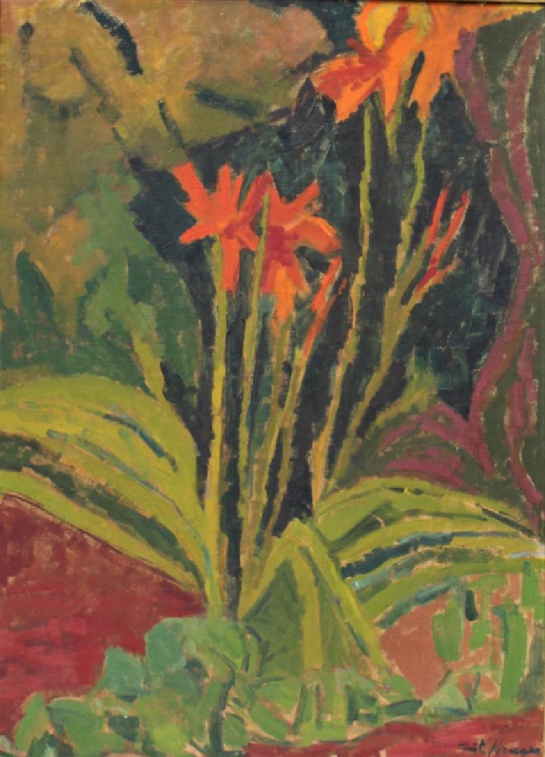 Fritz Krieger: Still of red flowers. Title: Still life red flowers. Medium: Oil on Board. Size: 30" x 22". Signature: SLR. Artist: Fritz Krieger. Unframed.