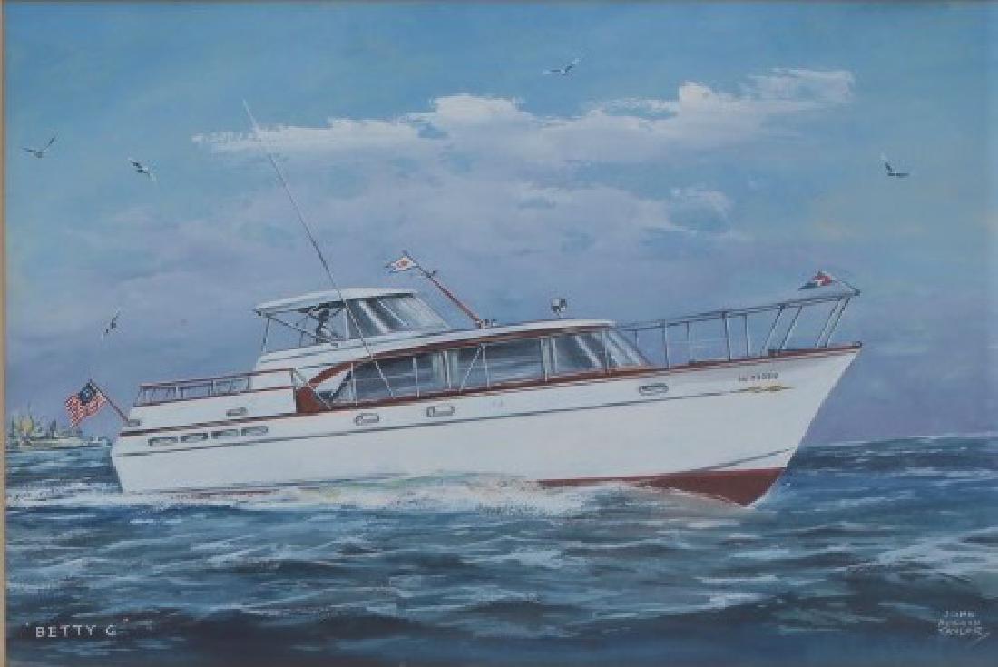 John Austin Taylor: Boating on the water. Burgee flag flying. Title: Betty G. Medium: Watercolor and gouache. Size: 10" x 15". Signature: SLR. Artist: John Austin Taylor. Framed.