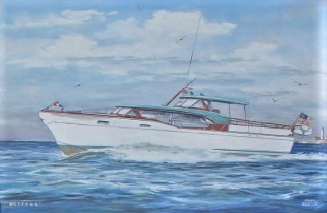 John Austin Taylor: Boat in crusing in the water with light in the background. Title: Betty G II. Medium: Watercolor and Gouache. Size: 9.5" x 14.5". Signature: SLR. Artist: John Austin Taylor. Framed.