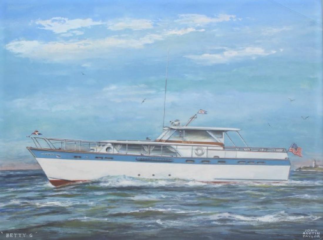 John Austin Taylor: Boat cruising in the water with lighthouse (New Haven?) in the background. Title: Betty G. Medium: Watercolor and Gouache. Size: 14.25" x 18.75". Signature: SLL. Artist: John Austin Taylor. Framed.