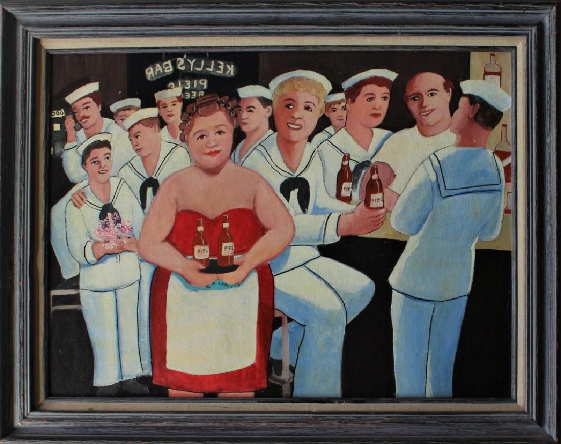 Gloria Laposka (1922-2015): Bar scene with sailors and waitress. Featured in the New Haven Register. Title: Liberty. Medium: Oil on Board. Size: 25'" x 19.5". Signature: SUR. Artist: Gloria Laposka (1922-2015). Framed.