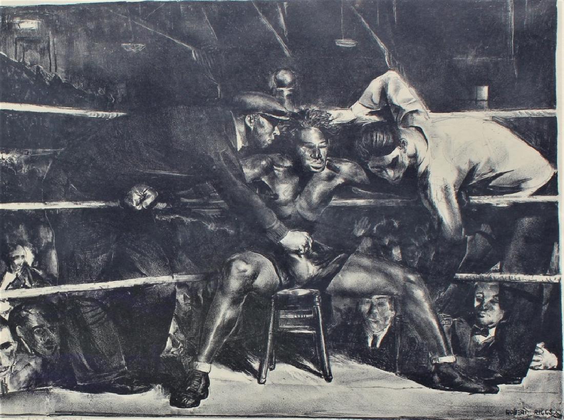 Robert Riggs (1896 - 1970): Gallery Label ( Aaron Gallery) on verso. Signed and inscribed. Boxer sitting on stool with trainers around him. Title: "The Third Round". Medium: Lithograph. Size: 14.25 X 19.25. Signature: SLR. Artis