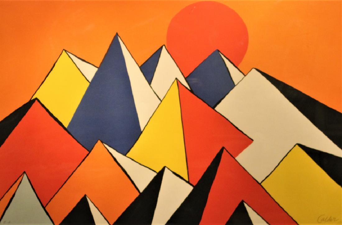Alexander (Sandy) Calder (1898 - 1976): Setting sun over different color peaks. Frame size 33.25 X 46.25 E.A. Lower left, signed lower right Label on verso, "Goldman Art -Los Angeles CA". Title: "Homage to the Sun". Medium: Lithograph. Size