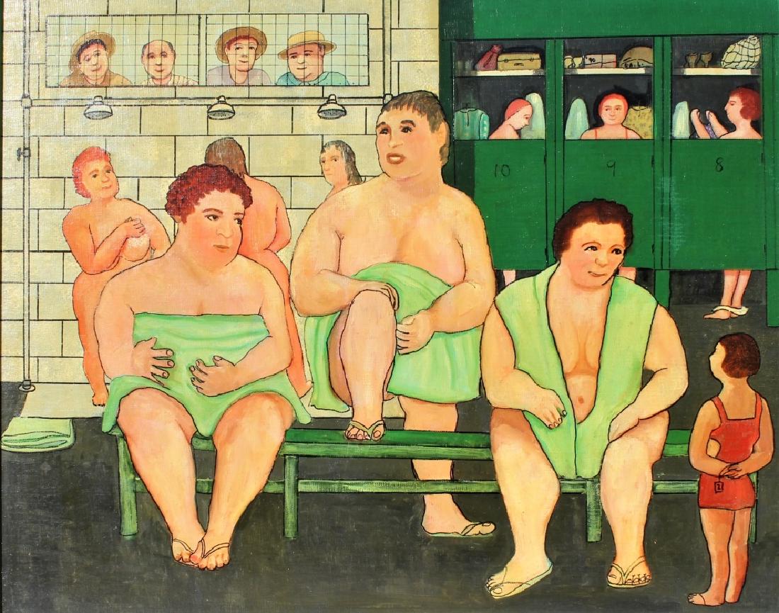Gloria Laposka (1922-2015): Women in the locker room with guys peeking in. Title: The Locker Room. Medium: Oil on Board. Size: 24 X 30. Signature: Middle. Artist: Gloria Laposka. Framed.