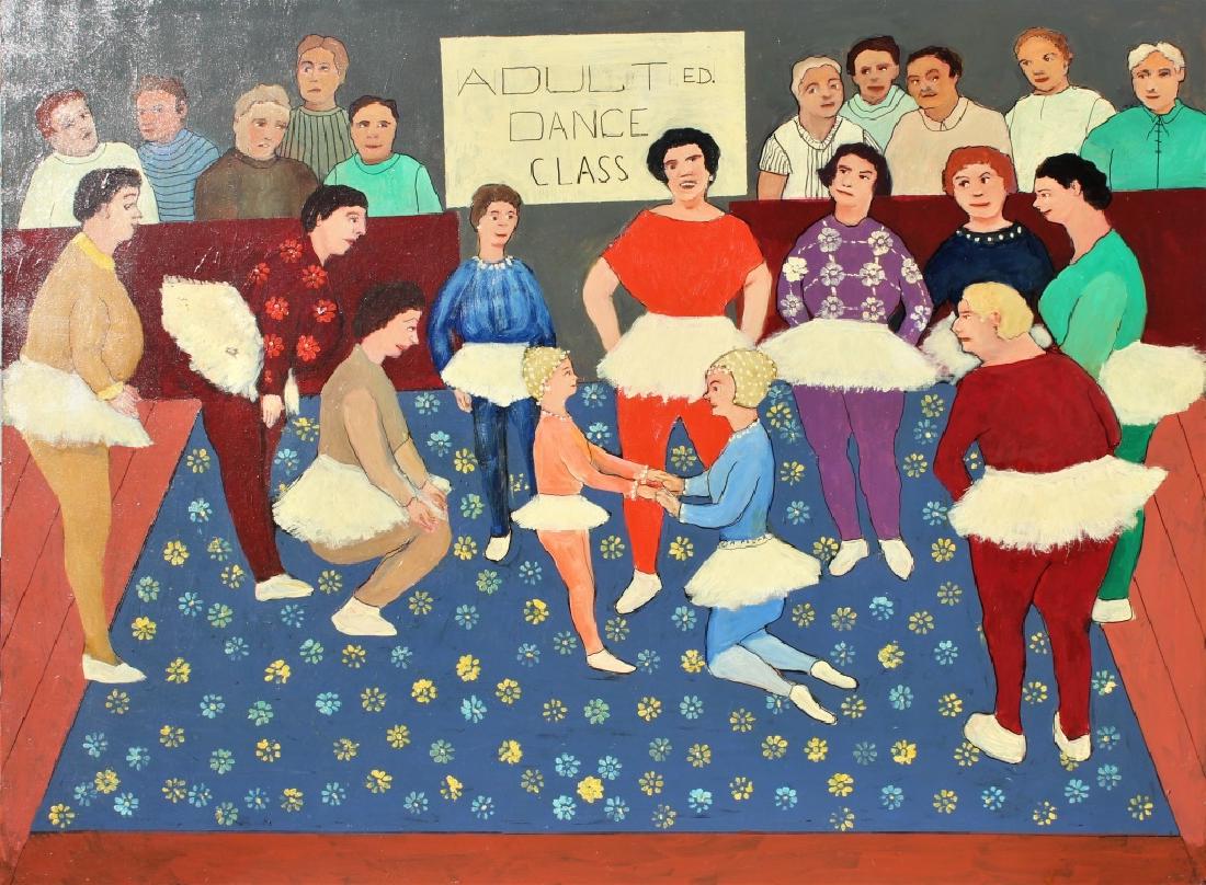 Gloria Laposka (1922-2015): Adult dance class. Women learning to dance with guys watching. Title: Dance Class. Medium: Oil on Canvas. Size: 36 X 48. Signature: Middle Right. Artist: Gloria Laposka. Unframed.