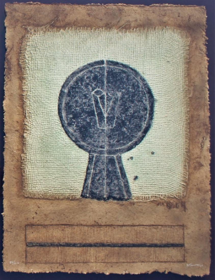 Rufino Tamayo (1899 - 1991): Doyles's label on back. Edition number 5/100 Frame size 40.25 X 32.25 X 3 inches. Title: Untitled. Medium: Mixografia. Size: 33.5 X 25.25. Signature: SLR. Artist: Rufino Tamayo. Framed in shadow box b