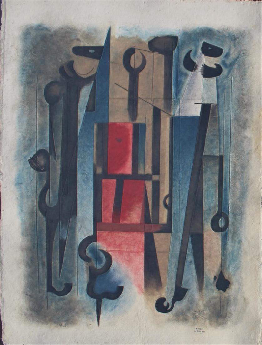 Carlos Mérida (GUATEMALAN, 1895–1984): Signed by artist and inscribed . Edition Number 16/100 Frame 51 X 39.75 X 3" Title: Abstract. Medium: serigraphy. Size: 45 X 34 (sight). Signature: SLR. Artist: Carlos Merida. Framed in shadow box beh
