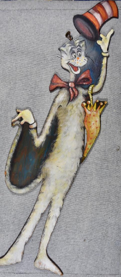 The Cat in the Hat advertisement: Believed to be an adverstisement sign for a bookstore, circa 1950-60 After Dr. Seuss. Title: The Cat in the Hat. Medium: wood. Size: 44.50 x 13.50 x .25. Signature: Unsigned. Artist: After Dr. Seuss. 