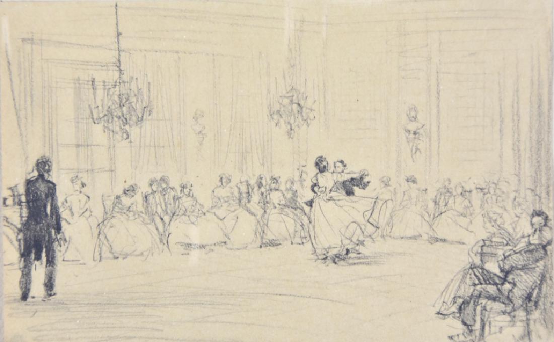 Adolph Von Menzel (1815 - 1005): The dance inn the great hall, with onlooker. Title: The Dance. Medium: Print. Size: 4.75 x 7.75. Signature: SLR ( on mat). Artist: Adolph Von Menzel. not framed.