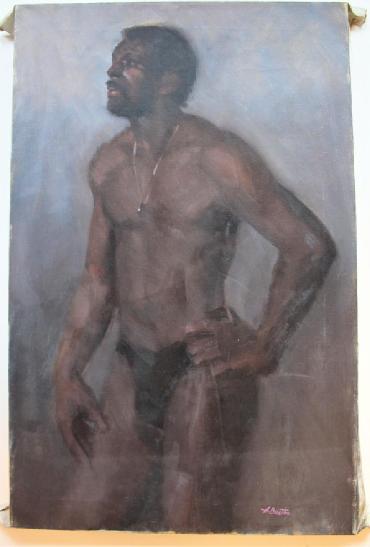 Harry Barton (1908 - 2001): African American nude portrait study. Title: The male model. Medium: Oil on Canvas. Size: 28 X 18. Signature: SLR. Artist: Harry Barton. Unframed.