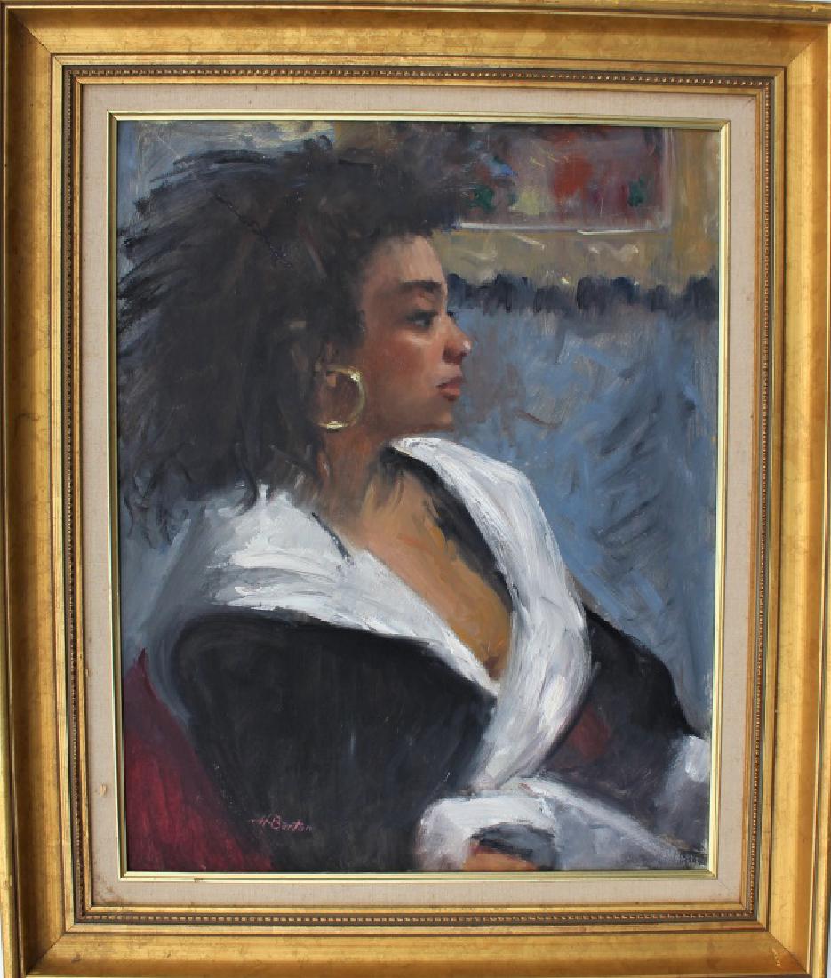 Harry Barton (1908 - 2001): Portrait of an African American Woman. Title: "Woman with Earring". Medium: Oil on masonite. Size: 16 X 24. Signature: estate stamp. Artist: Harry Barton (1908 - 2001). Framed.