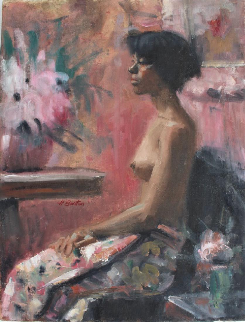 Harry Barton (1908 - 2001): Portrait of a semi nude African American Woman. Title: Semi -nude African American woman. Medium: Oil on Canvas. Size: 18 X 14. Signature: SUL. Artist: Harry Barton (1908 - 2001). Unframed.