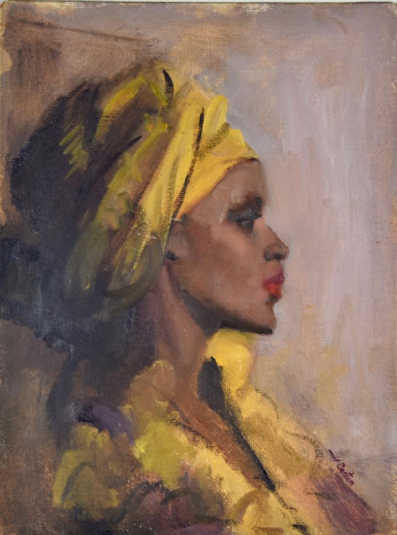 Harry Barton (1908 - 2001): Portrait of African American woman. Title: Portrait of African American Woman. Medium: Oil on Canvas. Size: 16 x 12. Signature: estate stamp on verso. Artist: Harry Barton. Unframed.