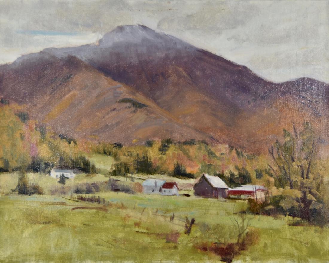 Harry Barton (1908 - 2001): Title: Vermont valley with farm. Medium: Oil on Canvas. Size: 16 x 20. Signature: Unsigned. Artist: Harry Barton. Unframed.