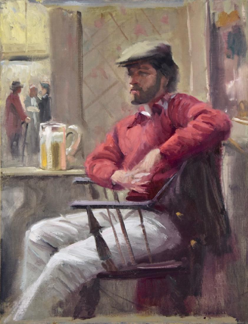 Harry Barton (1908 - 2001): Title: Pint of beer at the pub. Medium: Oil on Board. Size: 18 x 14. Signature: Estate stamp on verso. Artist: Harry Barton. Unframed, no stretcher.