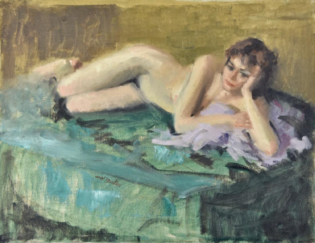 Harry Barton (1908 - 2001): Title: Reclining female nude study. Medium: Oil on Canvas. Size: 14 x 18. Signature: SLR. Artist: Harry Barton. Unframed, no stretcher.