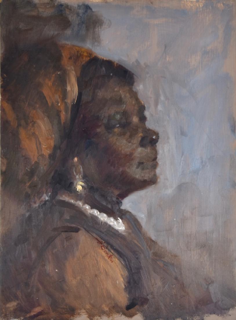 Harry Barton (1908 - 2001): Older African American woman portrait. Title: Older African American woman protrait. Medium: Oil on Board. Size: 16 x 12. Signature: estate stamp on verso. Artist: Harry Barton. Unframed.