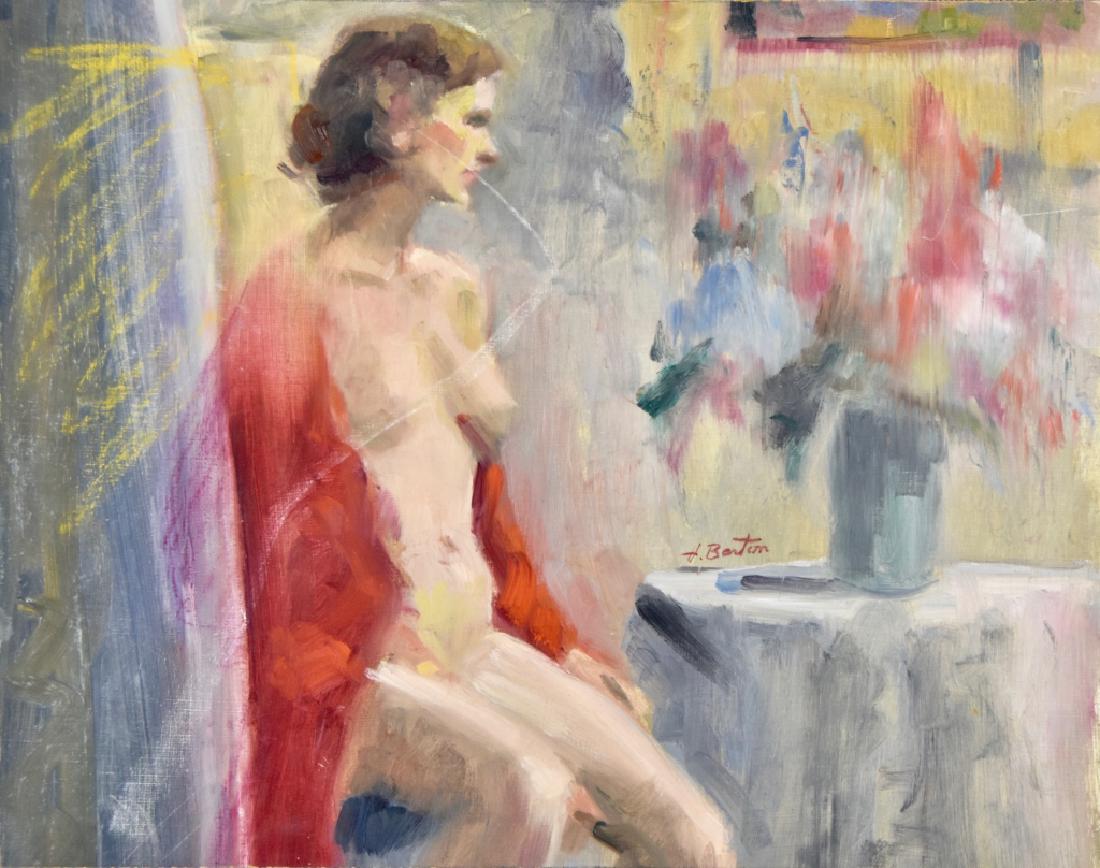 Harry Barton: 2 paintings of nude female studies. Title: 2 paintings of nude female studies. Medium: Oil on Board. Size: 11 x 14, 16 x 12. Signature: SLR. Artist: Harry Barton. Unframed.