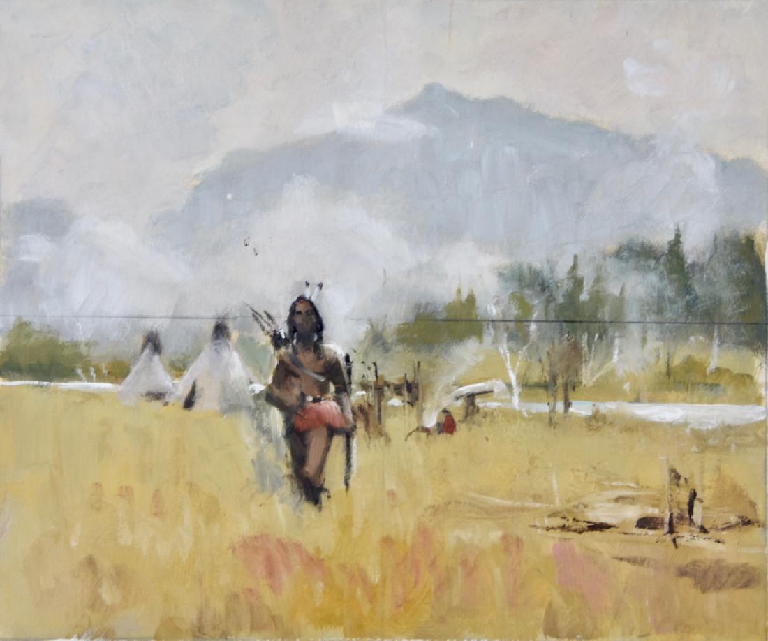 Harry Barton: 2 native American Studies Sketches more larger paintings. Title: Native American studies. Medium: Oil on Board. Size: 10 x 12, 6 x 8. Signature: Estate stamp on verso. Artist: Harry Barton. Unframed.
