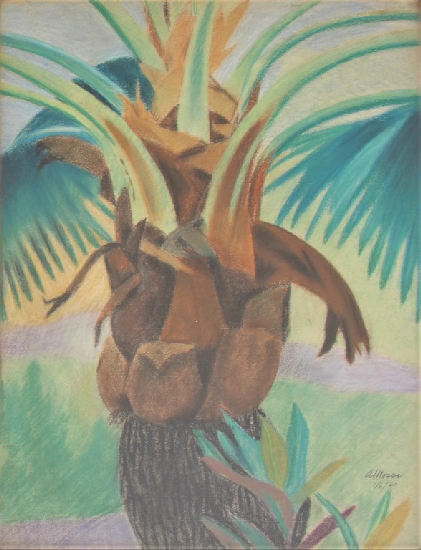 August Mosca (1909 - 2002): Palm tree, tropical look, with green lush hillside in background. Signed and dated lower right 7/ 6/ 40. Title: Palm Tree. Medium: Pastel. Size: 24.75 X 18.75 (sight). Signature: SLR. Artist: August M