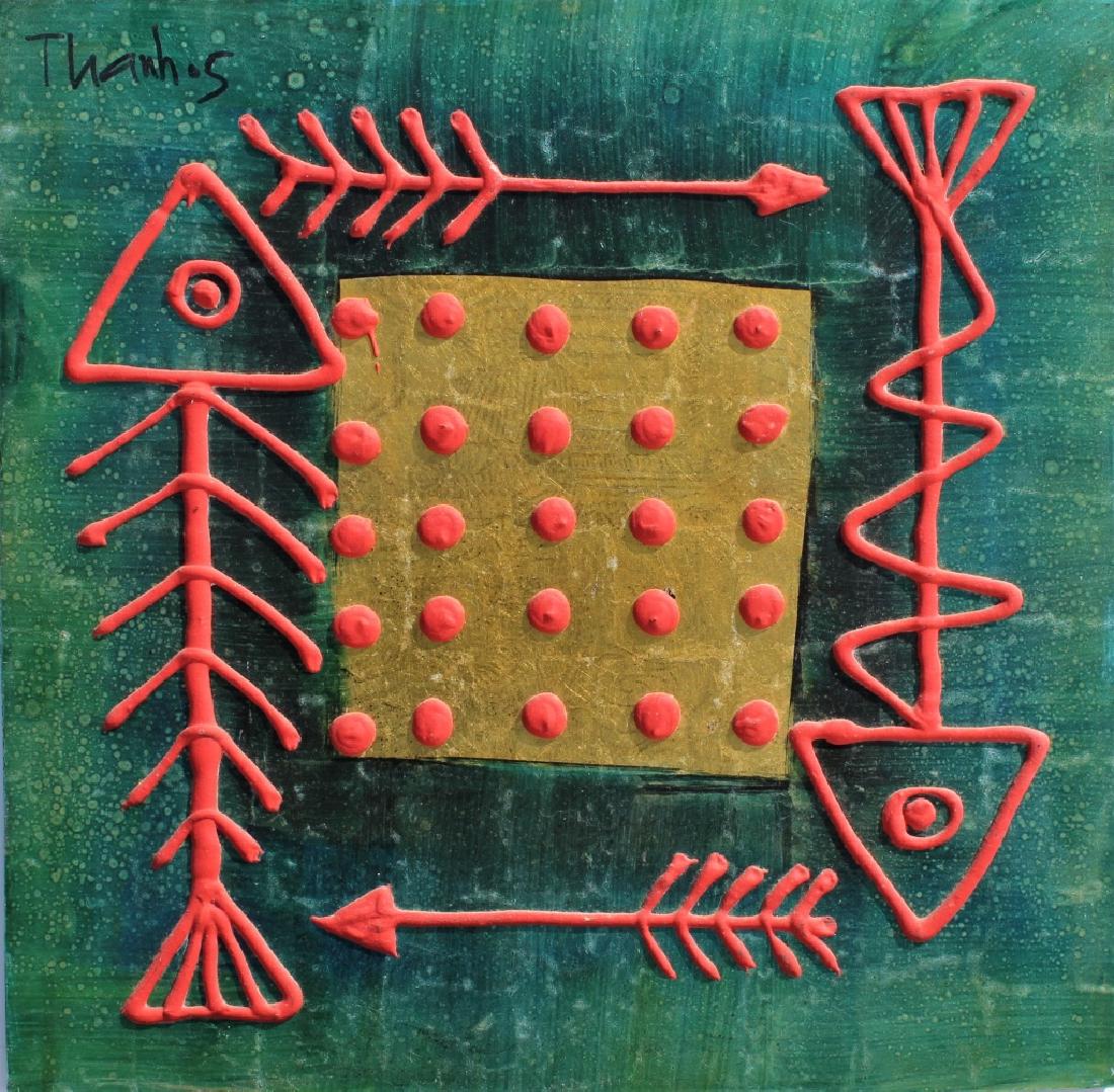 Thanh Le Ngoc: Fish bones. Title: Fish Bones. Medium: Mixed Media. Size: 16 X 16. Signature: SUL. Artist: Thanh Le Ngoc. Unframed. BIOGRAPHY: Thanh and Hai Twin Brother are Vietnamese lacquer painting artists. Le Ng