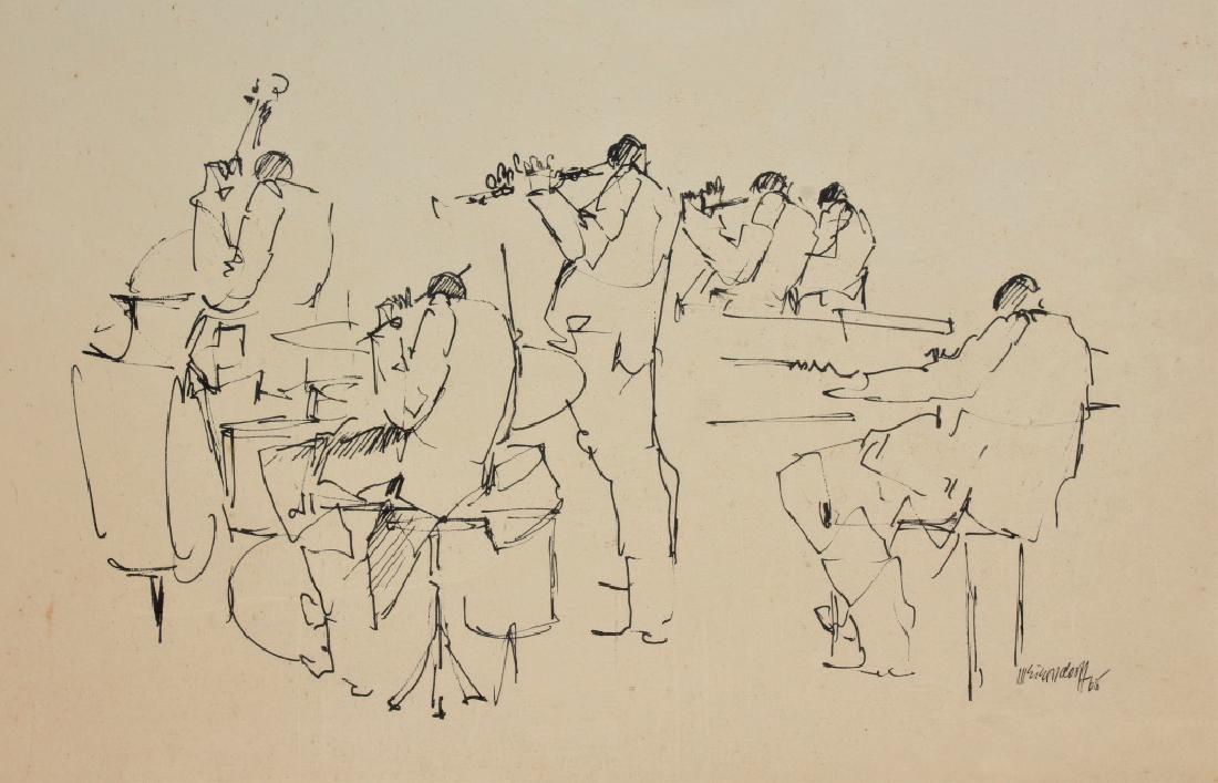 Jazz Band: Jazz band playing. Signed illegible dated 65. Title: Jazz Band. Medium: Pen & Ink. Size: 9 X 12. Signature: Illegible. Framed.