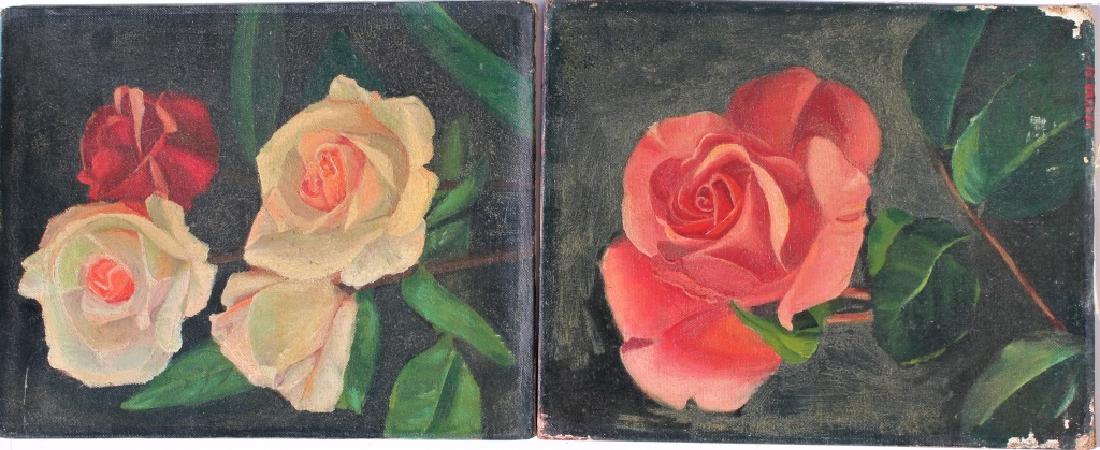 Pair of oil on boards: Pair of rose paintings. Signed Becker and dated 51. Title: Pair of floral. Medium: Oil on Board. Size: 8 X 10. Signature: SLR. Artist: Becker. Unframed.