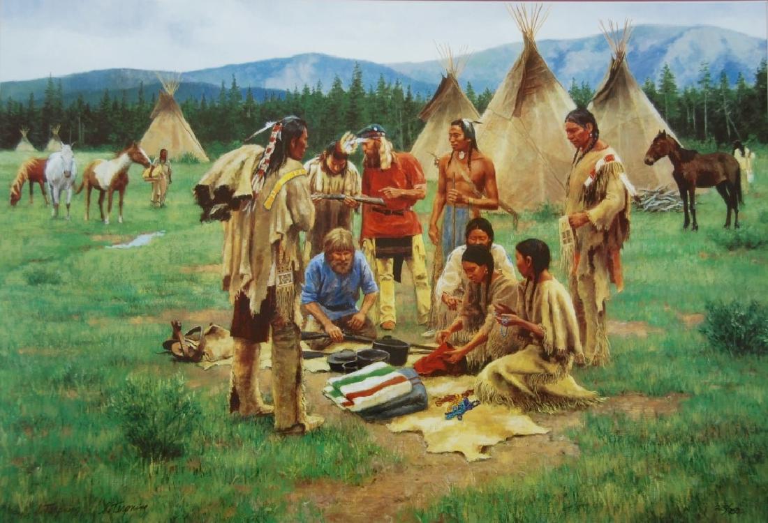 Sara Terpning: Limited edition 230/950. Trade going on among the tepees. Lush green and hillsides in the background. Title: Gathering for Trade. Medium: Print. Size: 16 X 23. Artist: Sara Terpning. Framed.
