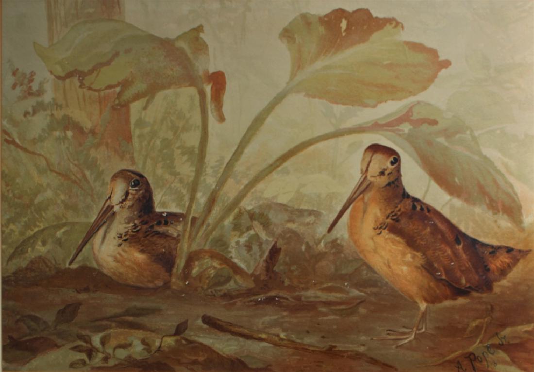 Alexander Pope Jr: Pair of woodcock in the brush. Pope, who spent his entire life in the Boston are, had a major interest in hunting and fishing and painting and sculpting art objects of those subjects. Pope's art gaine