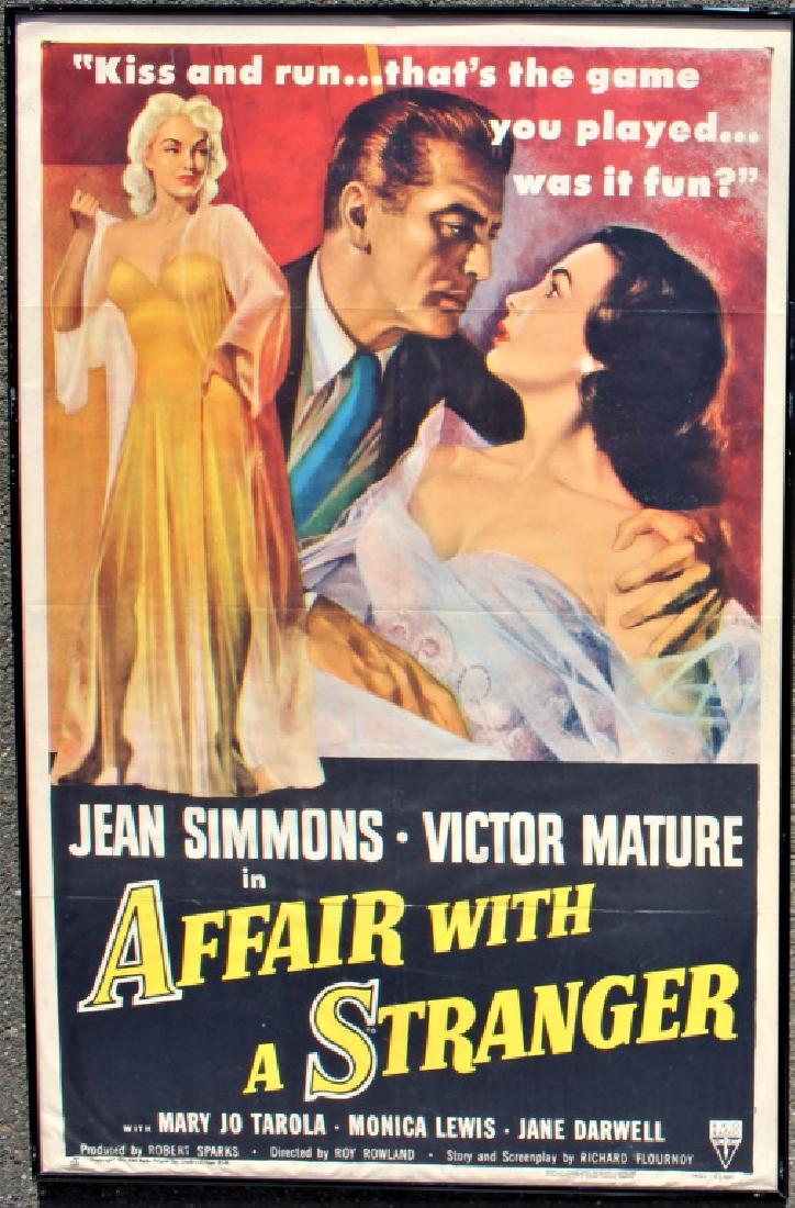 AFFAIR WITH A STRANGER: Jean Simmons, Victor Mature, Mary Jo Tarola, Monica Lewis, Jane Darrell, Directed by Roy Rowland. Dated 1953 RKO Radio pictures. 53/410 44723 Playwright William Blakeley (Victor Mature) and his beauti