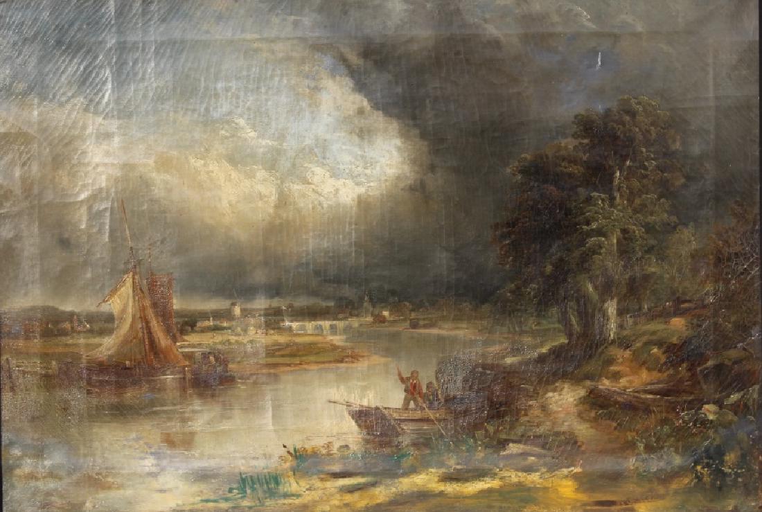 School of John Constable: Billowing, Clouds, Church in scene, bend in the river, boaters pushing off from shore, windmill in far distance, sail boat, bridge far distance.. Title: The Rivers Bend. Medium: Oil on Canvas. Size (i