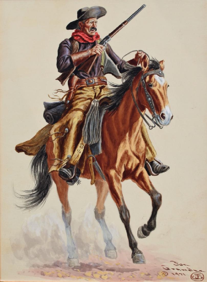 Joe Grandee (born 1929): Cowboy on horseback. Dated 71. Title: At Full Gallop. Medium: Oil on Board. Size (in.): 20 X 15. Signature: SLR. Artist: Joe Grandee. Framed.