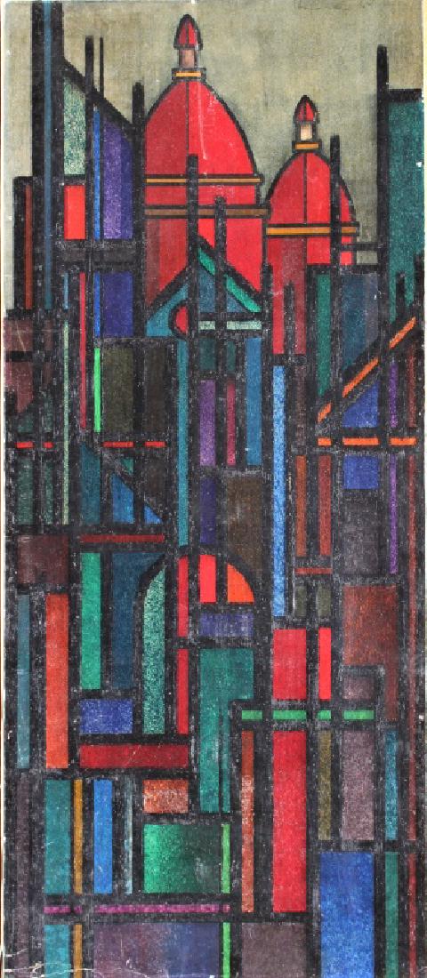 Harald Hansen (1890 - 1967): Paris Cathedrals and City , modern abstract . Possible painted from his address window, on verso.. Title: Paris Cathedrals. Medium: Oil on Paper. Size (in.): 18.75 X 8. Signature: Unsigned. Artist: Ha