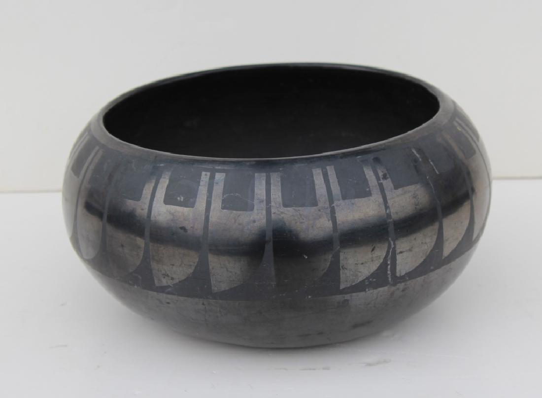 School of Maria Martinez: Ceramic , blackware pottery, San Ildefonso Pueblo. Title: Blackware pottery. Medium: Ceramic. Size (in.): 4.25 X 9.5. Signature: Unsigned. Artist: School of Maria Martinez. Unframed.
