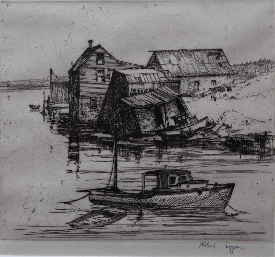 Robert Henry Logan (1875 - 1942): On Verso: "Bought from the artist Robert Logan in Tenant's Harbor, Maine 1965 by Kate Mc Coy of New Hope, Penna. "Port Clyde"". Title: Port Clyde , Maine. Medium: Etching. Size (in.): 6.5 X 7.75. Sign