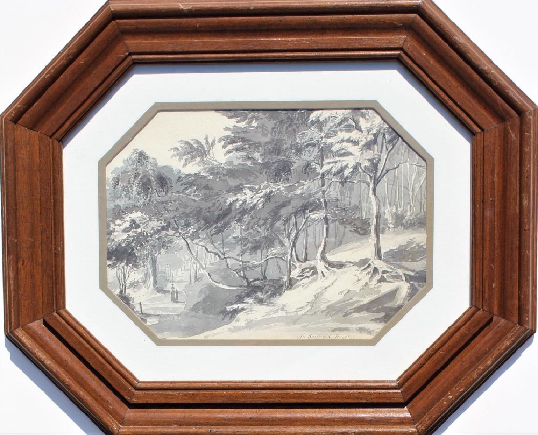 In Sheffield Forrest: circa 1819 Mother and child walking on road.. Title: In Sheffield Forrest. Medium: Watercolor. Size (in.): 7.5 X 10.25 (sight). Signature: Unsigned. Artist: unknown. Framed.