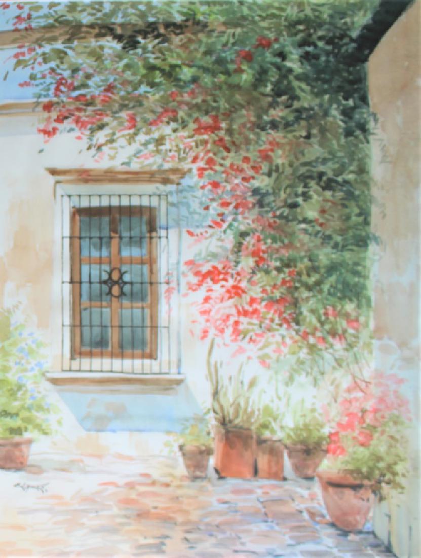 Ed Lopez Mexican/American: Mexican/American artist, Fr 36.75 X 29. Title: The Courtyard. Medium: Watercolor. Size: 28 X 21 (sight) in. Signature: SLL. Artist: Ed Lopez. Framed.