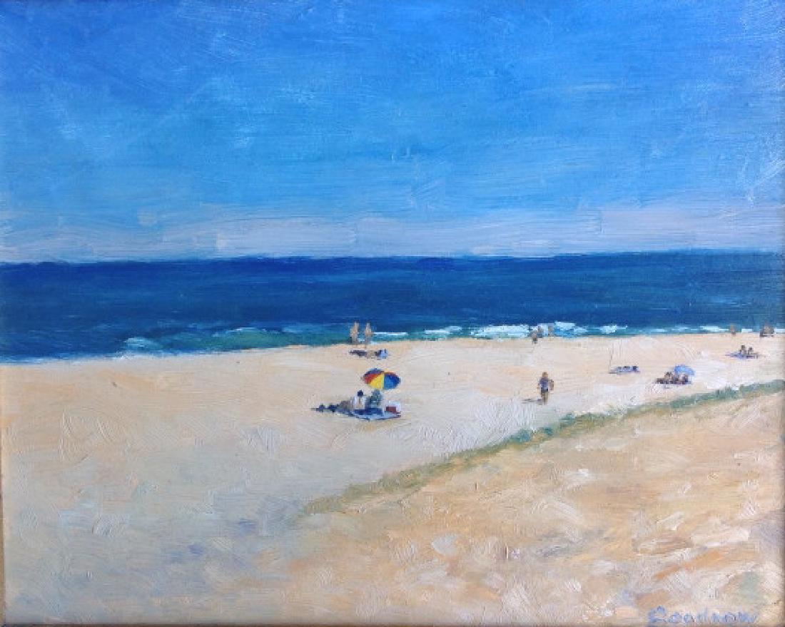 Goodnow, Marconi Beach, Cape Cod, MA: Summer time on Marconi Beach. Colorful umbrella up to signal a warm summer day. Breaking waves can be seen against shoreline, calm day out to the horizon. Title: Marconi Beach, Cape Cod. Medium: Oil o