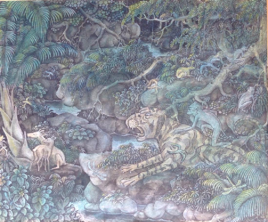 T. ny Rawa Ubud Bali: Ubud , Bali. monkey riding on the back of a tiger. Title: Seges Quan. Medium: Watercolor. Size: 9.75 x 11.75 in. Signature: Lower center. Artist: Rawa. Unframed.