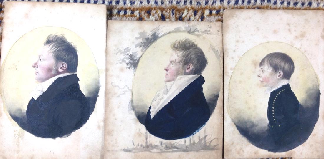 School of Rufus Porter: Watercolor, warly portraits of appears to be Granfather , Son, Grandson. Very well done. Title: Portraits men, early 1800's. Medium: Watercolor. Size: 4.25 x 3.5 in. Signature: Unsigned. Artist: Schoo