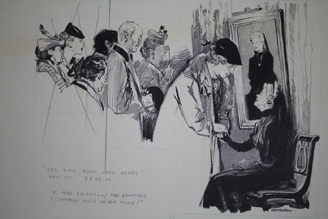Leland Gustavson (American 1894-1966) Illustrator: Lady seated with people coming to seat her ( paying their respects) Caption reads O, Mrs Driscoll",she breathed " I thought you would never come." Leland R. Gustavson was active/lived in New York," Il